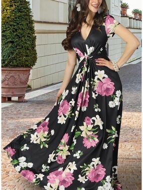 Black Floral Maxi Dress with Pink & White Blooms